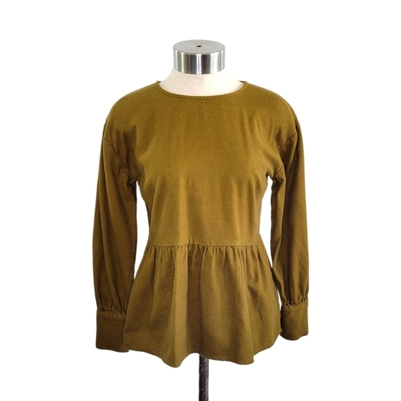 Madewell Flannel Button-Back Peplum Long Sleeve Top Size XXS Olive Green/Brown - Picture 1 of 8